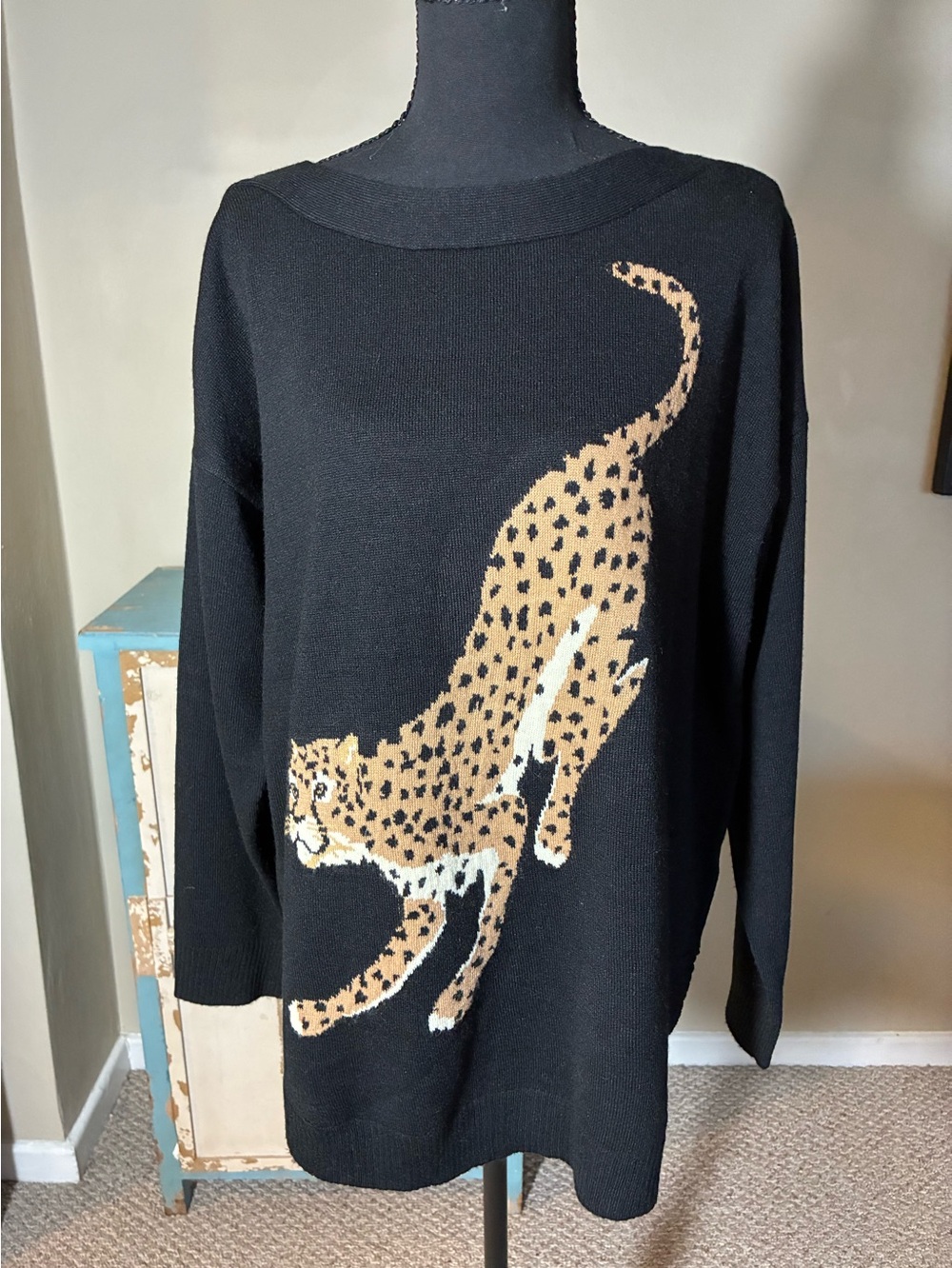 Black Crewneck Sweater with Leopard Motif